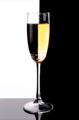 Glass with champagne on white and black background