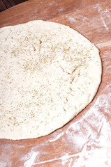 hands in flour closeup kneading dough on table