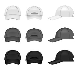 Set of baseball caps, three different colors from all angles