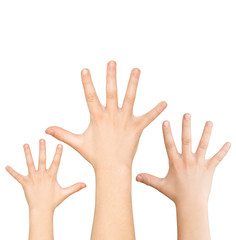 Three hands calling for help, clipping path