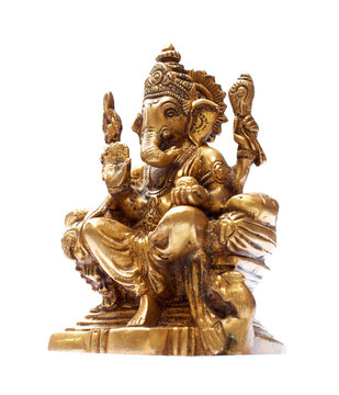 Golden Hindu God Ganesha over a white background
