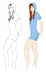 Hand-drawn fashion model. Vector illustration.