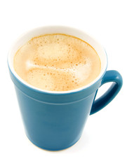 Coffee in blue cup over white background