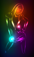 Hand-drawn fashion model from a neon. Vector illustration. A lig
