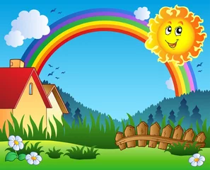 Poster de jardin Pour enfants Paysage avec soleil et arc-en-ciel