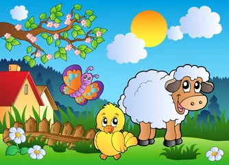 Poster Ferme Prairie avec des animaux de printemps heureux