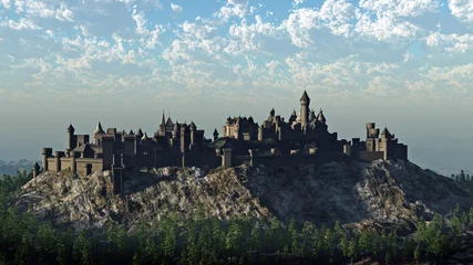 Foto op Aluminium Kasteel Middeleeuws kasteel op een heuvel