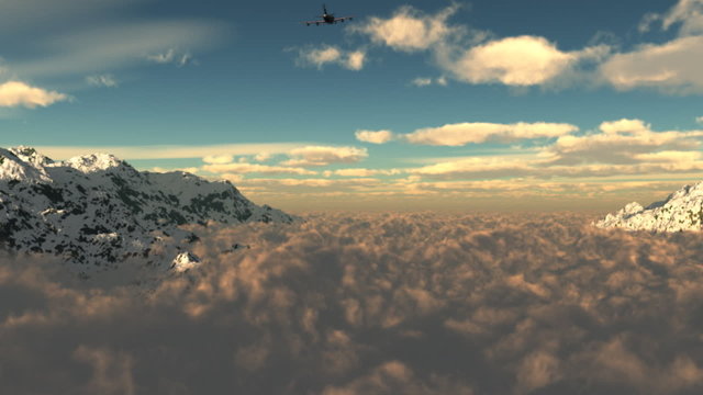 Aerial view of a jet airliner flight over the mountains