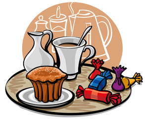 cupcake, candy and coffee with milk