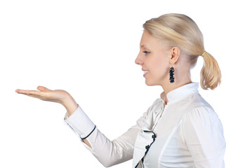 Businesswoman holds palm