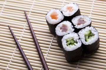 Japanese sushi seafood rolls with rice