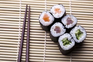 Japanese sushi seafood rolls with rice