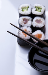 Japanese sushi seafood rolls with rice