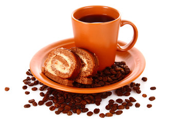 Piece of cake and coffee isolated on white