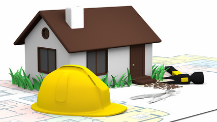 House, blueprints and Yellow Hard  Hat