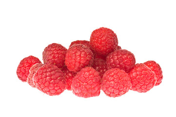 Many raspberries over white close up