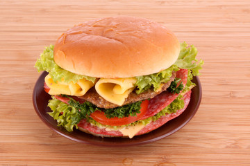hamburger on wooden table