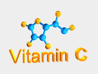 blue molecule of vitamin C and orange text on white