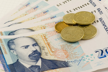 Bulgarian currency (banknotes and coins) on white background