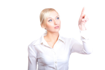 Businesswoman pointing her finger, hand on virtual touch screen