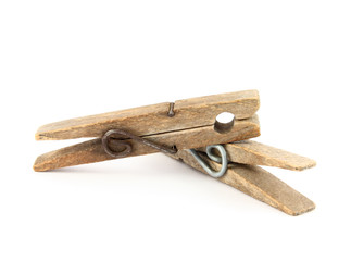 Close up old worn and weathered wooden clothes pins