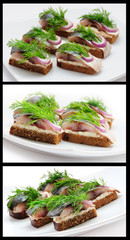 Sandwiches of rye bread with herring, onions and herbs.