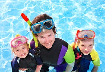 Children with mother  in swimming pool.