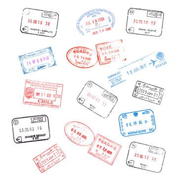 set of various passport visa stamps