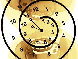black clock of infinite time on beige reflective background