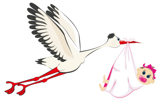 A cartoon illustration of a stork delivering a newborn baby girl