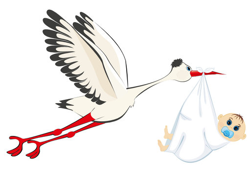 A cartoon illustration of a stork delivering a newborn baby boy