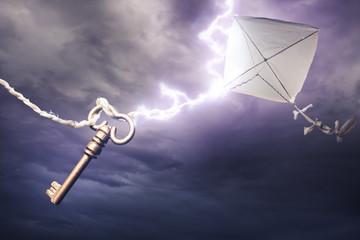 kite getting struck by a bolt of lightning