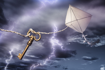kite with a key flying in a storm