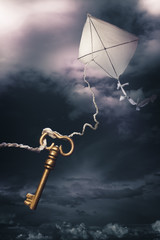 kite with a key flying in a storm