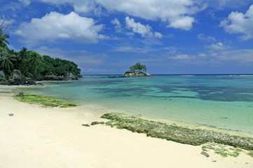 plage, îlot et lagon turquoise des Seychelles