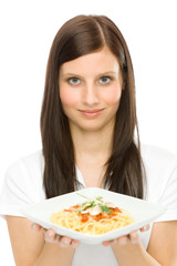 Italian food - portrait woman spaghetti sauce