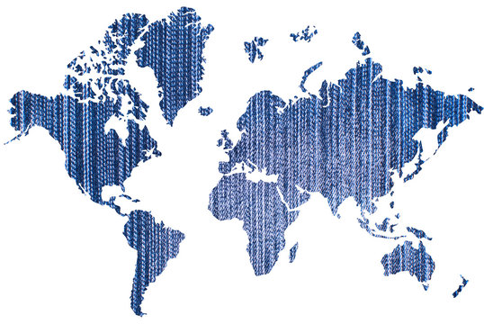 World map background with denim texture.