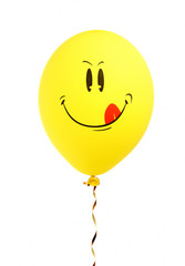 Yellow balloon with ribbon isolated on white background