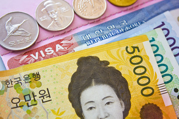 korean money bill and coins