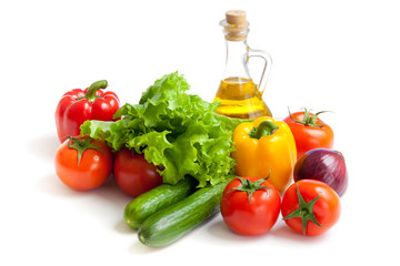 fresh vegetables and oil still life isolated