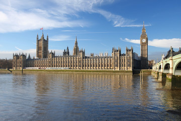 Fototapeta na wymiar Big Ben with bridge in sunny day, London, UK