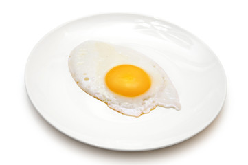 one sunny side up egg on white plate isolated