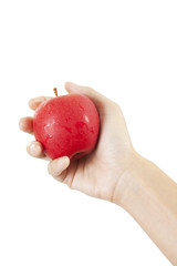 Apple on hand, A hand holding red apple.