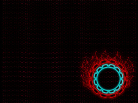 red patterns on black with burning gear in bottom right corner
