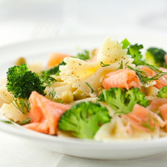 Delicious pasta salad with salmon and broccoli