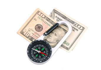 Business navigation (compass and money on white background)