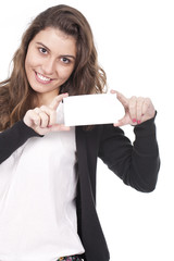 woman holding an empty card