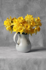 yellow daffodils in white jug