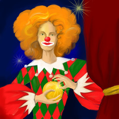 Clown in stage costume and red wig, digital artwork