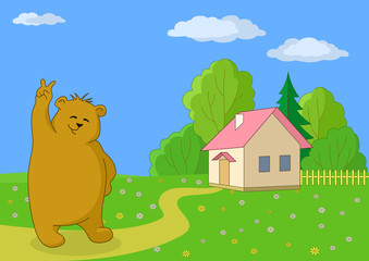 Ours en peluche contre sa propre maison